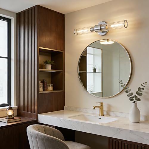Image of Chrome Bathroom Vanity Light, Wall Sconce Threaded Glass 1 Pack, Modern Wall Light for Bathroom, Living Room, Hallway, Kitchen - UL Certification (Bulb Not Included)