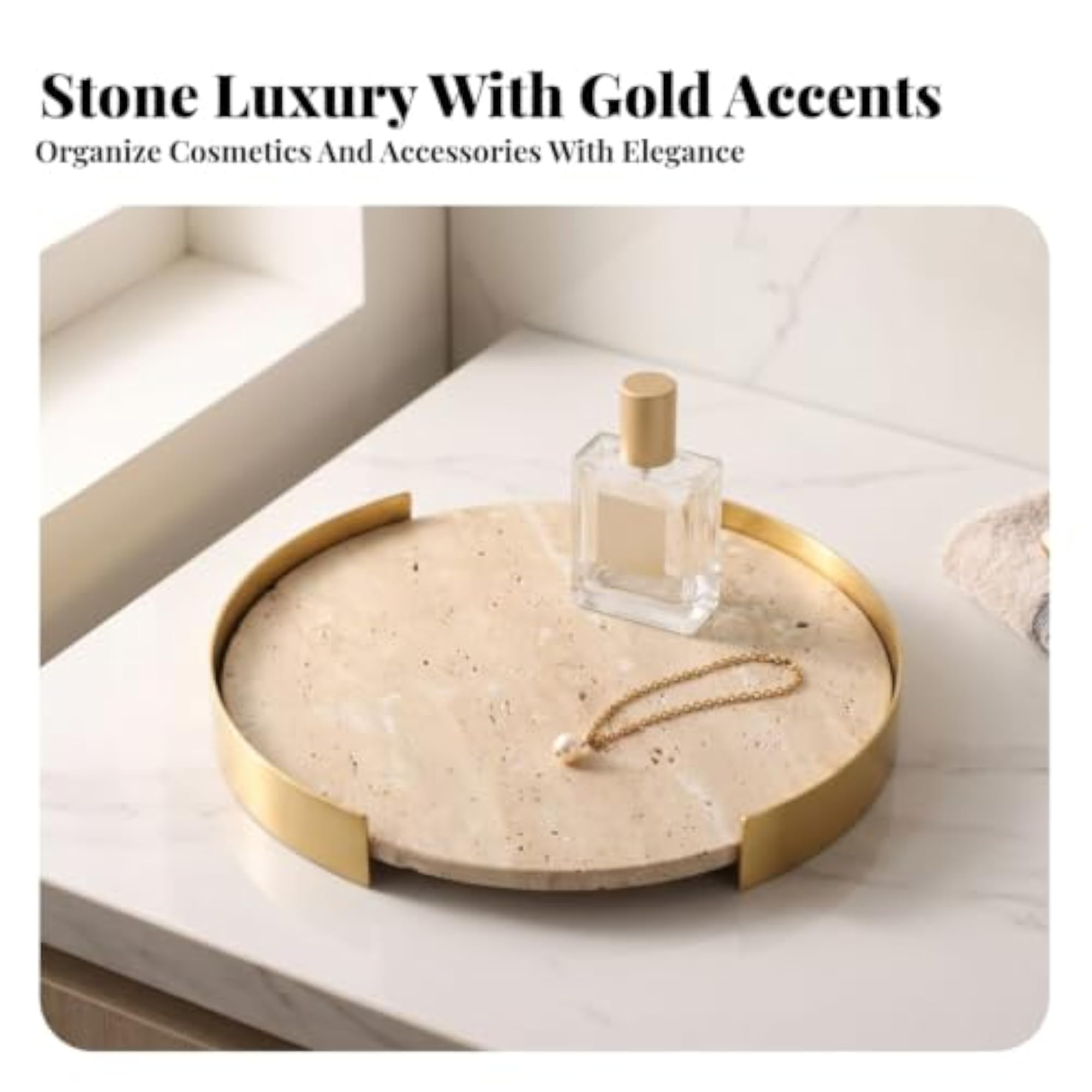 Luxury Stone Tray with Metal Rim, Elegant Round Design