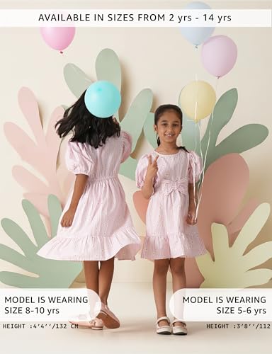Image of Amazon Brand - Symbol Girls Bow Detail Pure Cotton Knee Length Casual Dress