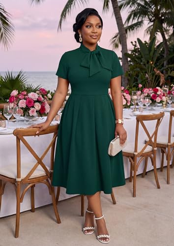 Image of FANDEE Midi Dress for Women Casual Short Sleeve A-line Semi Formal Fit and Flare Dress Classy Tie Neck Work Business Dresses