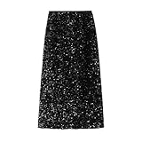 Eigenschaften: Glitzernder Stretch-Paillettenrock, weiches Flanellmaterial, mittellanger Rock, Gehschlitz im Rücken, halb gefüttert und lockerer Stil für einfaches Gehen. Wunderschöner glitzernder Bleistiftrock für Damen, mittelhoher Bund mit elastischer Taille, zum Überziehen für Damen ist einfach an- und auszuziehen.