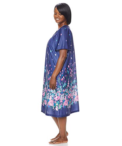 AmeriMark Women's Lounger House Dress Short Sleeve Patio Dress w/Side Pocket Navy Delight Border MD