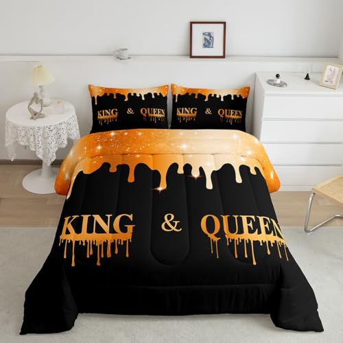 Image of Feelyou Couple King Queen Comforter Set Twin Size, Orange Mr Mrs Bedding Set Anniversary Comforter for Couple Man Woman Valentine Day Duvet Set Adults Wedding Room Decor Bed Set 2Pcs