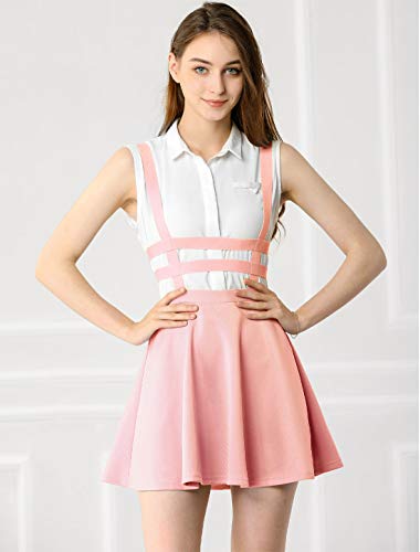 Allegra K Women's Pleated Overall A-Line Elastic Waist Kawaii Braces Suspender Skirt Large Pink #TOP1