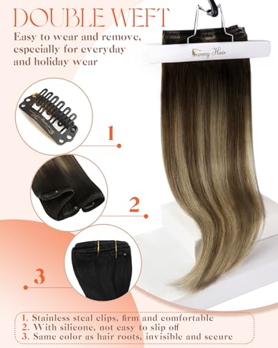Image of Sunny Hair Clip in Hair Extensions Real Human Hair Black Brown 135g 18inch | Human Hair Extensions Clip Ins Natural Black Balayage Brown Mix Caramel Blonde, Fuller Volume for Office Styling