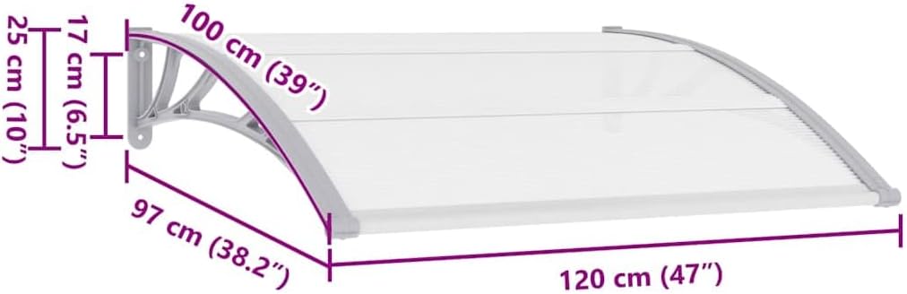 Diagram showing dimensions of the awning: 120 cm width, 100 cm projection, 25 cm height of bracket
