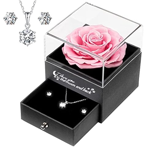 Yamonic Eternal Rose with Jewelry in Gift Box, Real Rose that Never Wither,Gifts for Her, Preserved Rose for Wedding Anniversary, Birthday Gifts for Women, Pink Cover