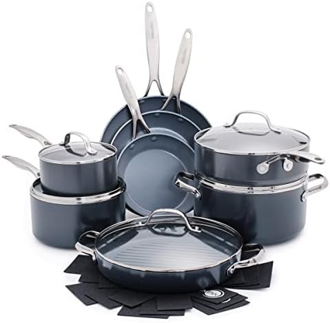 GreenPan Valencia Pro Hard Anodized Healthy Ceramic Nonstick 16 Piece Cookware Pots and Pans Set, PFAS-Free, Induction, Dishwasher Safe, Oven Safe, Gray