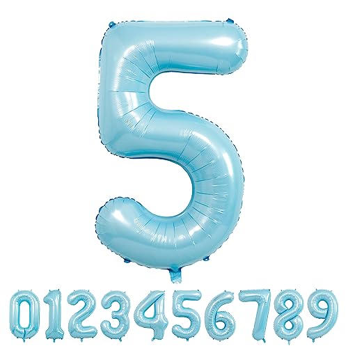 Image of 40 Inch light blue Number Balloons, Helium Mylar Foil Number Balloons for Birthdays, Number 5 Balloon for Party Decorations, Birthday Decorations, Wedding, Boy Baby Shower