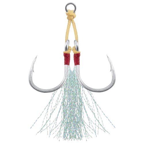 Dr.Fish 10 Pack Double Jigging Assist Hooks Saltwater Replacement Hooks Vertical Jig Lure Mylar Flash Teasers Slow Pitch Fast Fall Diamond Tuna Striper Flounder Mackerel 1/0