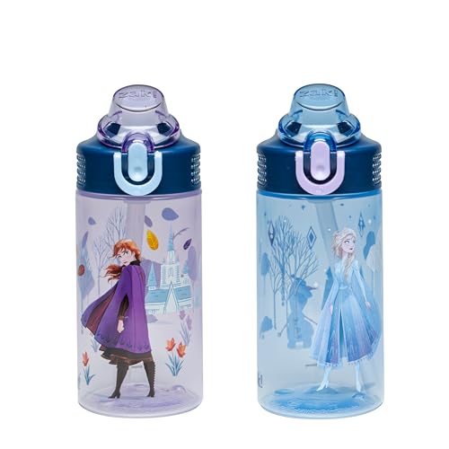 Zak Designs Disney Frozen Sage Kids Water Bottle For School or Travel 16oz Durable Plastic Water Bottle With Straw Handle and Leak-Proof Pop-Up Spout Cover 2-Pack Set (Anna & Elsa)
