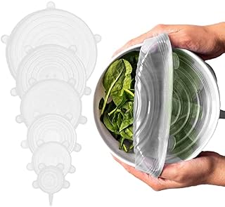 Silicone Stretch Lids Food Covers Reusable Small Large Rectangular 6 Pack, Durable Expandable Lids to Keep Food Fresh, Fit Various Sizes Containers Saver Bowl 6 Sizes Color White