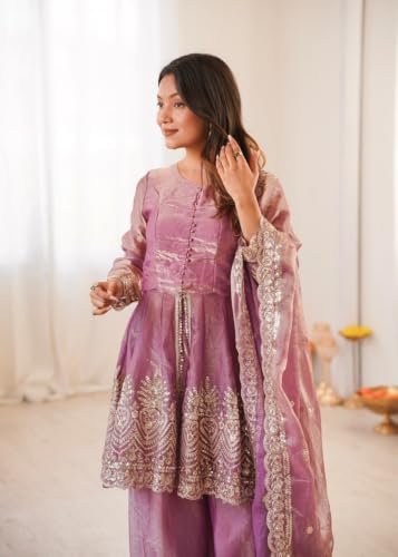 Image of Women's Embroidered Peplum Kurta Palazzo Dupatta Set | Ethnic 3 Piece Suit Set