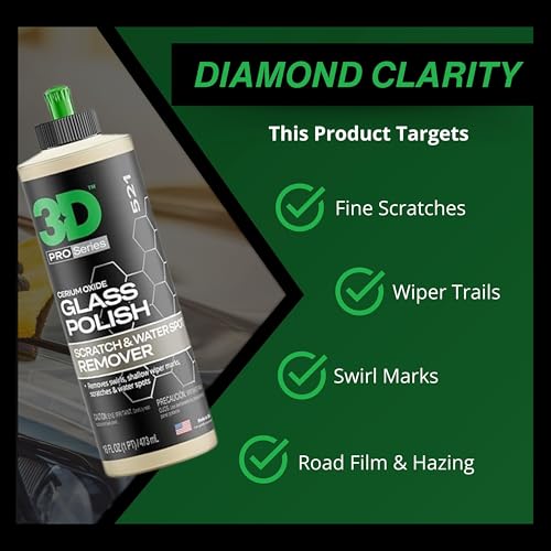 3d glass polish  cerium oxide glass scratch remover for car windows  restores clarity amp removes wiper marks swirls water spots - 16oz