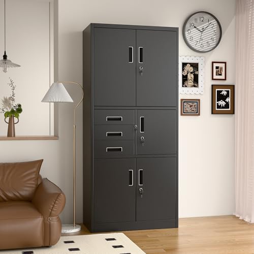 SUPEER Aktenschrank,Metallschrank mit DREI SchubladenLagerschränke,Stahlblech Pulverbeschichtung,Stahlschrank für Werkzeuge, Büro,180 x 80 x 40 cm（schwarz）