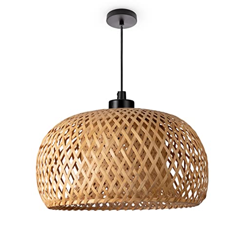 Paco Home Deckenlampe Bambus Hängeleuchte Boho Wohnzimmer Hängend Natur Korblampe Vintage E27 Retro 1,5m Textilkabel, Lampenart:Pendelleuchte - Typ 2, Leuchten Farbe/Größe: Natur (Ø30cm)