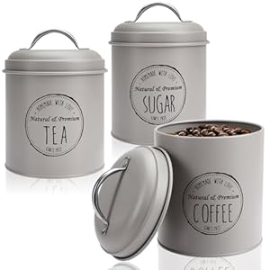 com-four® 3x barattoli per la conservazione in design vintage – Barattoli rotondi in metallo per conservare caffè, tè e zucchero – Set da cucina decorativo con coperchio (3x alluminio grigio)