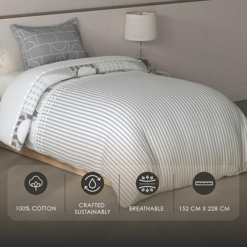 Image of Spaces Fiora Geometric Single Bedsheet with 1 Pillow Covers | 100% Cotton Bed Sheet | Percale Bedding Set | Super Soft & Breathable Bedsheet | Light Grey | 152 x 228 Cm