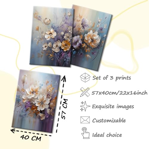Piy Painting 3 Teilig Modern Bilder Leinwand Farbenfrohe Blumen Wandbilder Wohnzimmer Modern Blau und Violett Floral Wandkunst Leinwand Malerei Kunstdrucke Wandbilder mit Rahmen Schlafzimmer 57x40 cm