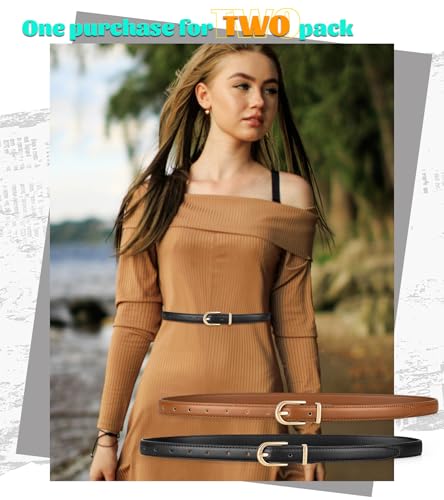 maikun 2 Pack Skinny Belt Women, Leather Waist Belt with Gold Alloy Buckle for Jeans Pants Dress4