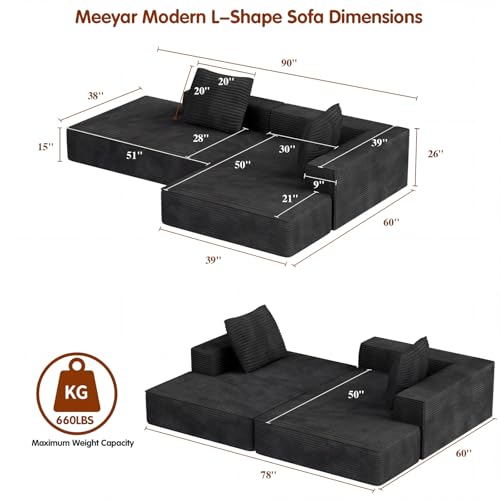 Image of Modular Sectional Sofa, Cloud Sectional Couch with Deep Seat, Modern L-Shape Sofa Couch with Chaise,Upholstered Boneless Couches for Living Room Bedroom (Black, Right Facing Chaise)