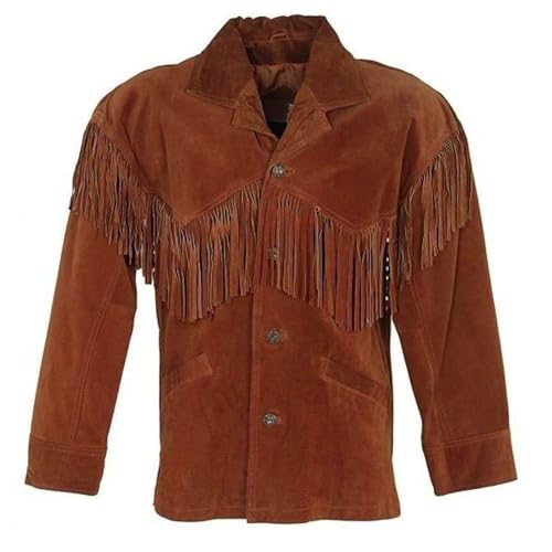 Rumble Products Chaqueta tradicional de piel de ante occidental con flecos para hombre, abrigo de estilo vaquero vintage, chaqueta nativa americana, Marrón oscuro, X-Small