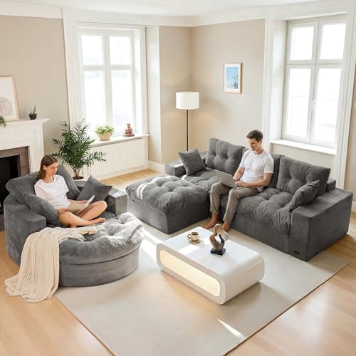 Image of MAXYOYO L Shape Sectional Sofa Couch and Round Chaise Lounge, Modern Cloud Couch with Ottoman, Comfy Sofa with Layered Cushion, Tufted Upholstered Sleeper Chair for Living Room, No Assembly Required