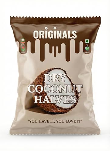 Image of ORIGINALS Premium Dry Coconut Halves (आधा नारियल) 450g Natural Sun-Dried Fresh Fibre-Rich & Aromatic Suitable for Desserts chutneys and Sweets