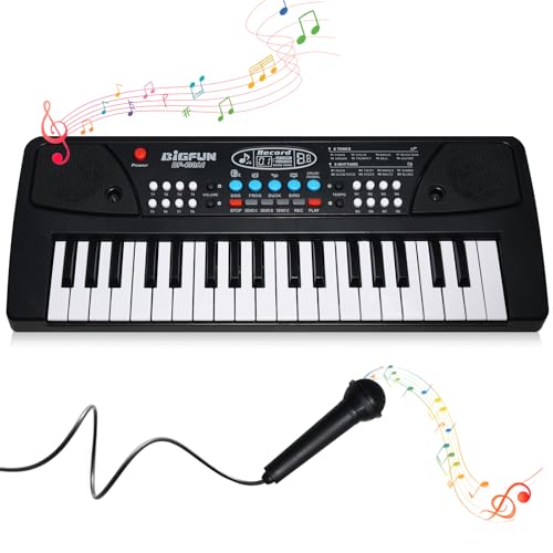 Teclado Piano para Niños con Micrófono – Piano Infantil 37 Teclas, Mini Piano Eléctrico a partir de 3 Años con Función de Grabación, USB/Batería