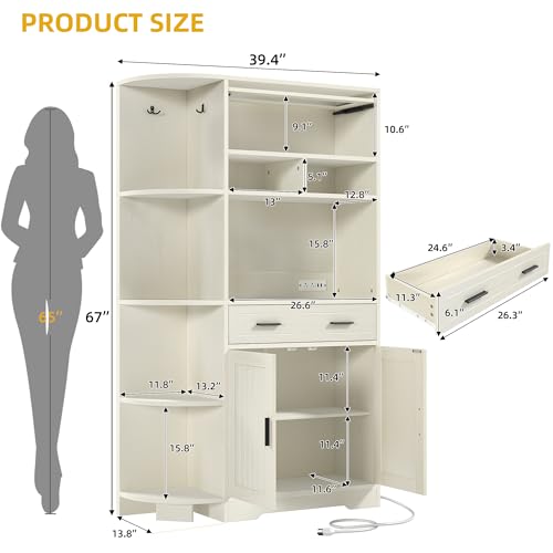 DWVO Kitchen Pantry Cabinet with Drawer, 67" Farmhouse Baker Rack with Power Outlets, Buffet Sideboard w/Microwave Stand, Cupboard Hutch Storage Cabinet for Kitchen, Living Room, Dining Room (White)