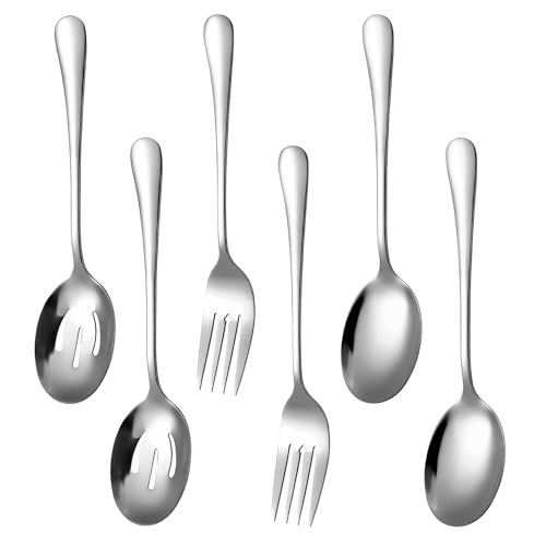 MEETOZ Serving Spoons Set, 2 x Serving Spoon, 2 x Slotted Spoons, 2 x Forks, Large Stainless Steel Skimmer 6 Pieces Soup Spoons Set Can Banquet Cooking for Parties Restaurant