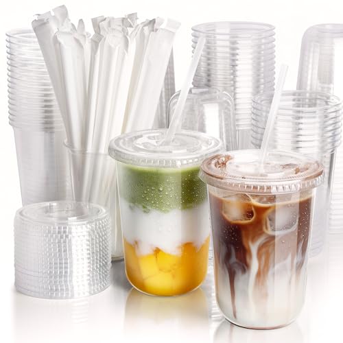 Boxential 50 Pack 16 oz Round Bottom Plastic Cups with Lids and Straws Disposable Coffee Cups with Lids To Go Iced Coffee Cups with Lids Disposable Cups for Party Smoothie Cup for Cold Drinks