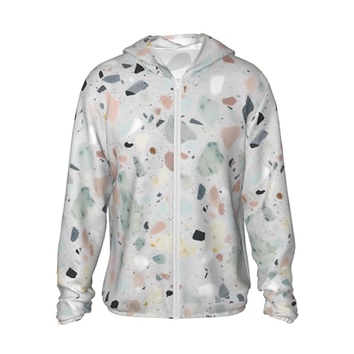 Men's UPF 50+ Sun Protection Hoodie Jacket Lightweight Long Sleeve Terrazzo Marble Pastel Sun Shirt Hiking Rash Guards X-Large