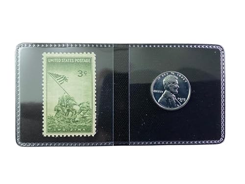 WWII Memorabilia Set 1945 Iwo Jima 3 U.S. Stamp + 1943 Steel Penny | Historic WWII Collectible | Flag Raising Marines Stamp + Wartime Emergency Coin | Protected Display Sleeve