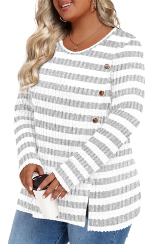 Image of HOTGIFT Womens Plus Size Sweater Tops Long Sleeve Crewneck Casual Tunic Shirts Buttons XL-5XL Blouse Soft Comfy Fashion