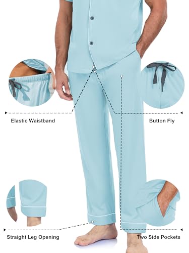 Image of COLORFULLEAF 100% Cotton Mens Pajamas Set Short Sleeve Loungewear with Long Pants Button Down Sleepwear Soft Comfy Pj for Men