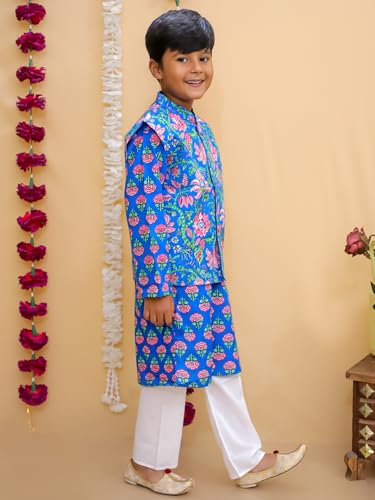 Image of The Mom Store Boys Printed Cotton Kurta Pajama Set With Jacket | Soft And Comfortable Ethnic Wear For Baby /Kids Boys | Full Sleeves Kurta Pyjama Set | Traditional Indian Outfit