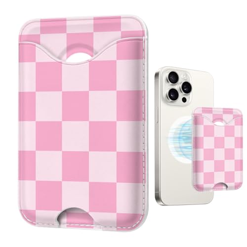 Image of Checkered Magnetic Wallet for Magsafe Compatible with iPhone 17 /16 /15 /14 /13 /12 Series Pro Max Plus Air (Phone Magnet Card Holder Fit 3 Cards for Women Girl Lether Mag Safe Wallets Pink)