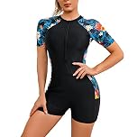 FYMNSI Women's Short Sleeve One-Piece Swimsuit with Tropical Floral Print, Zipper Front Padded Push Up Slim Fit Rash Guard Bathing Suit Beachwear Swimwear Unitard Legsuit Swimming Costume Blue M