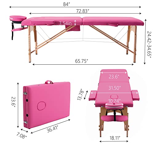 civama Massage Table Massage Bed Portable, 29 LBs Light Weight 2 Section Foldable Tattoo Bed Facial Care Spa Lash Bed Height Adjustable Sturdy Wooden Frame with Accessories Carrying Bag, Pink - Thumbnail 3