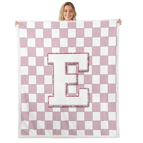 Image of Erosebridal Pink Initial E Fleece Blanket Throw 50 inchx60 inch Kawaii Plaid Checkered Sherpa Blanket Cute Personalized Monogram Fuzzy Plush Throw for Kids Girls,Fashion Grids Gingham Decor for Bed Couch