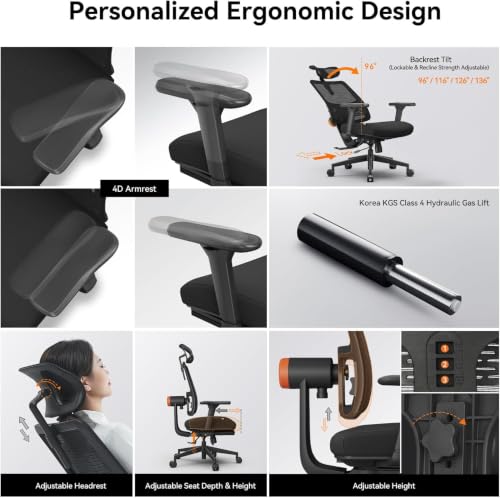 Image of DROGO Ergonomic Office Chair for Work from Home, High Back Computer Chair with Adaptive Lumbar Support, 4D Armrest, Tray, Recline, Adjustable Height & Headrest, Mesh Chair for Office /Home (Black)