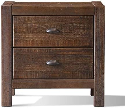 Rustic Nightstand Provides Classic Style & Contemporary Function. 2 Drawer Bed Organizer Features Spacious Storage Compartments for Your Bedroom. Solid Wood In Distressed Walnut Creates Timeless Feel.