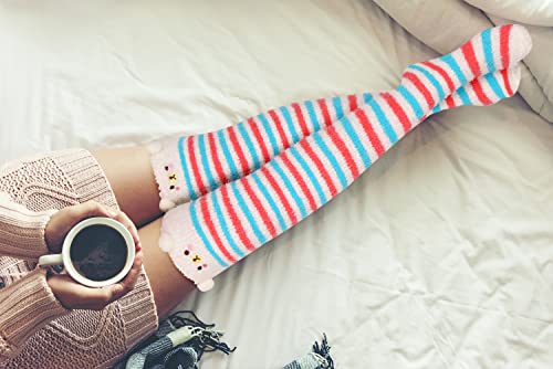 Image of Benefeet Sox Girls Cute Animal Fuzzy Knee High Socks Womens Funny Striped Cozy Winter Warm FluffyThigh High Socks Leg Warmers