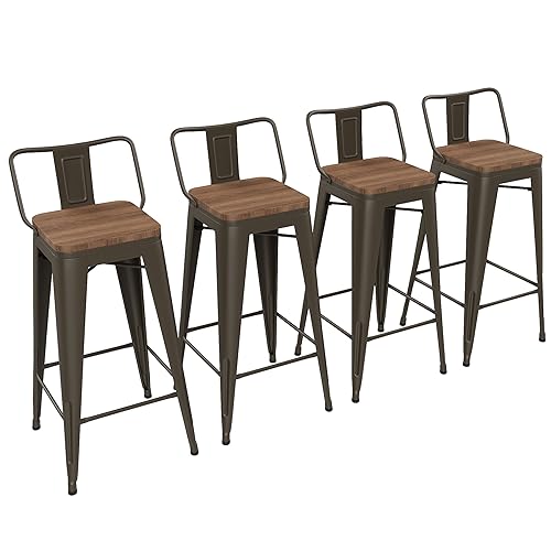 Image of Yongchuang 30 inch Bar Stools Set of 4 Bar Height Metal Barstools with Wood Seat Low Back Kitchen Bar Chairs Gunmetal