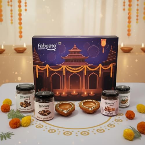 Image of Fabeato Premium Special Variety of Flavoured Nuts Mixed Dry Fruits Diwali Festive Gift Box for 420g and with two Elegant Diyas| Perfect Diwali Gift for Loved ones| Corporate Gifts| All Occasion Gift Box Hamper
