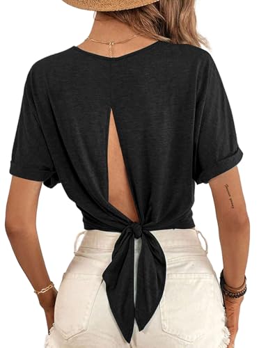 LilyCoco Tie Back Tops for Women Short Batwing Sleeve Crew Neck Backless T Shirts Black Large