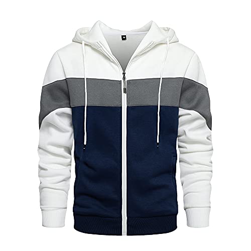 LBL Sweat Homme Zippé à Capuche Veste Cordon de Serrage Poches Manches Longues Décontractée Sport pour Automne Blanc et Bleu S