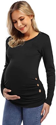 Coolmee Maternity Shirt Side button And Ruched Maternity Tunic Tops Maternity Long Sleeve T-Shirts (M,Black-Long)