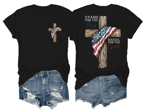 Christian Shirts for Men Stand for The Flag Kneel for The Cross Shirt Patriotic Faith T-Shirt